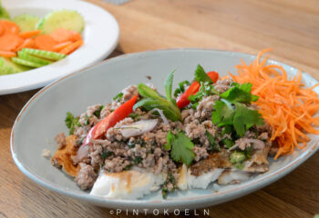 Gegrillte Fisch Filet mit Thai Kräuter Salat mit Hackfleisch
